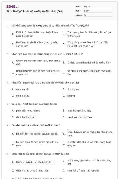 Đề thi Địa lớp 11 cuối kì 2 có đáp án (Mới nhất) (Đề 6)