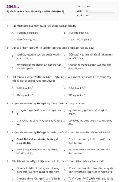 Bộ đề ôn thi Địa lí vào 10 có đáp án (Mới nhất) (Đề 6)