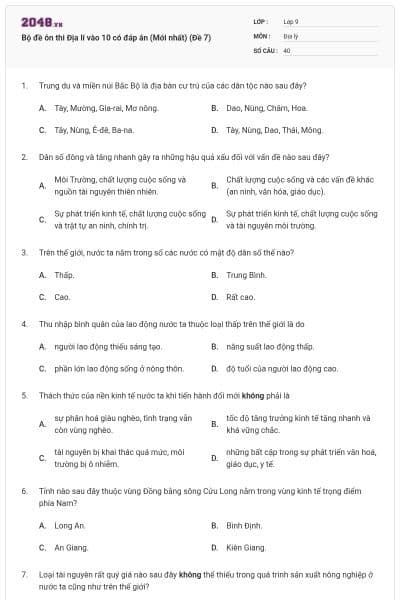 Bộ đề ôn thi Địa lí vào 10 có đáp án (Mới nhất) (Đề 7)