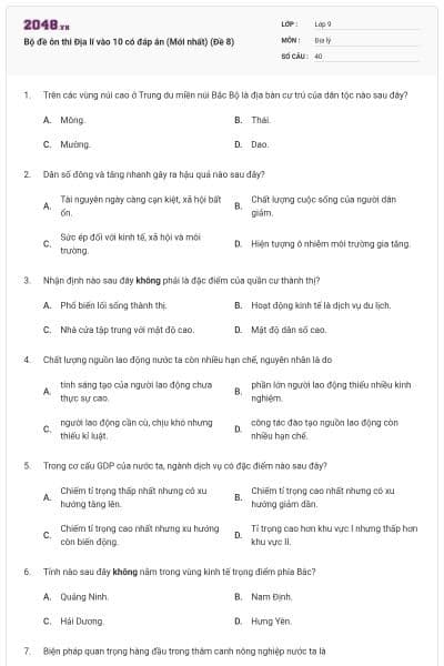 Bộ đề ôn thi Địa lí vào 10 có đáp án (Mới nhất) (Đề 8)