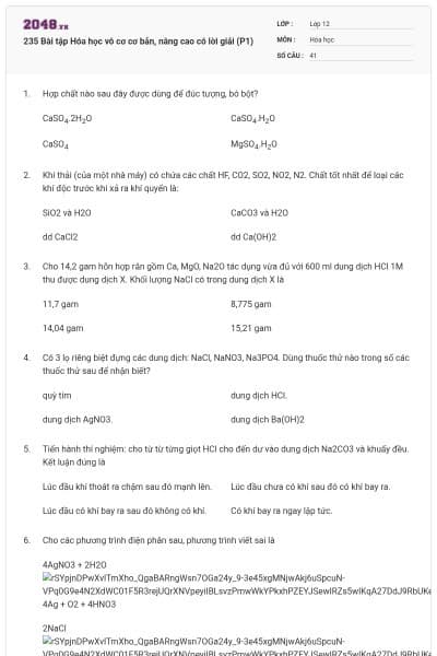 235 Bài tập Hóa học vô cơ cơ bản, nâng cao có lời giải (P1)