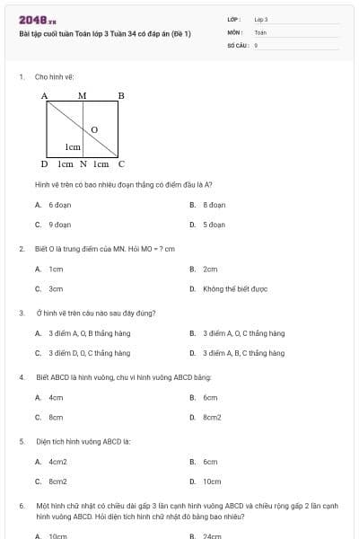 Bài tập cuối tuần Toán lớp 3 Tuần 34 có đáp án (Đề 1)