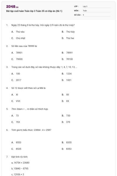 Bài tập cuối tuần Toán lớp 3 Tuần 35 có đáp án (Đề 1)