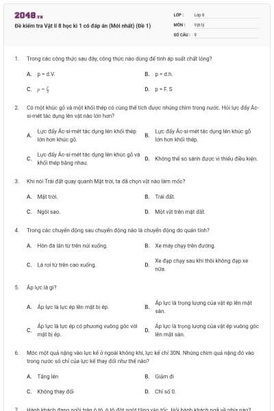 Đề kiểm tra Vật lí 8 học kì 1 có đáp án (Mới nhất) (Đề 1)