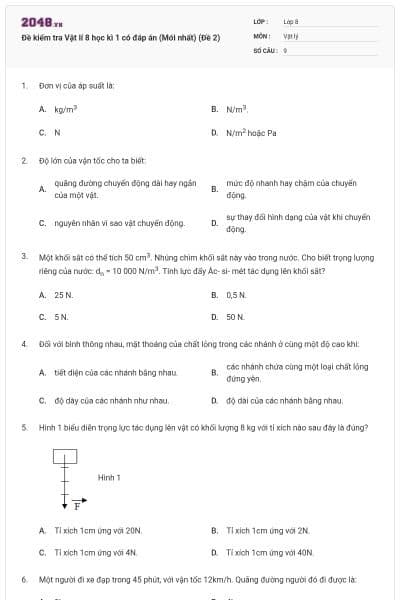 Đề kiểm tra Vật lí 8 học kì 1 có đáp án (Mới nhất) (Đề 2)