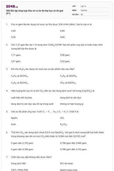 400 Bài tập tổng hợp Hóa vô cơ ôn thi Đại học có lời giải (P1)
