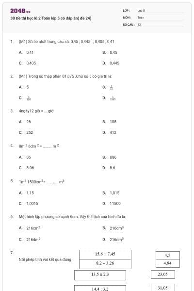 30 Đề thi học kì 2 Toán lớp 5 có đáp án( đề 24)