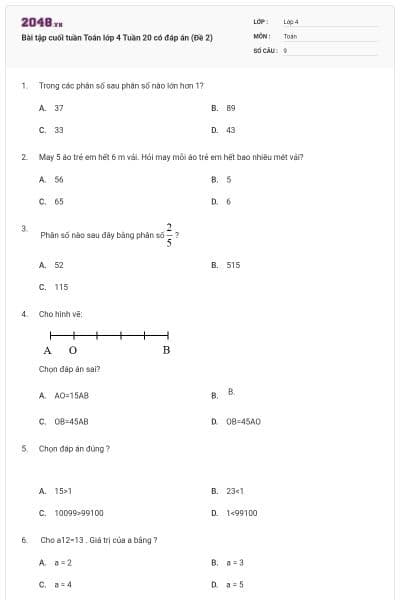Bài tập cuối tuần Toán lớp 4 Tuần 20 có đáp án (Đề 2)