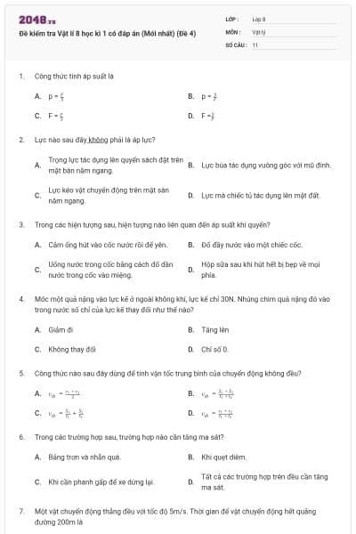 Đề kiểm tra Vật lí 8 học kì 1 có đáp án (Mới nhất) (Đề 4)
