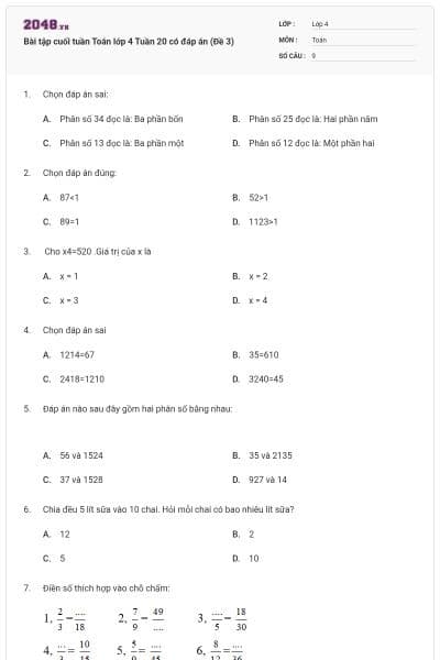 Bài tập cuối tuần Toán lớp 4 Tuần 20 có đáp án (Đề 3)