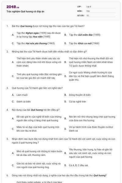 Trắc nghiệm Quê hương có đáp án