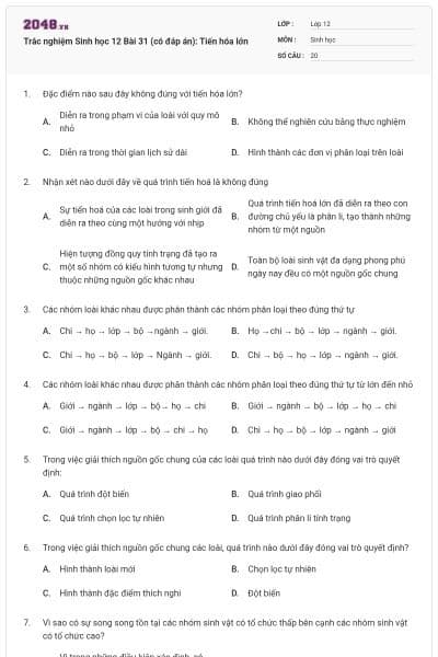 Trắc nghiệm Sinh học 12 Bài 31 (có đáp án): Tiến hóa lớn