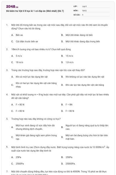 Đề kiểm tra Vật lí 8 học kì 1 có đáp án (Mới nhất) (Đề 7)
