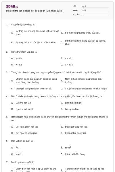 Đề kiểm tra Vật lí 8 học kì 1 có đáp án (Mới nhất) (Đề 8)