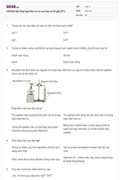 245 Bài tập tổng hợp Hóa vô cơ cực hay có lời giải (P1)