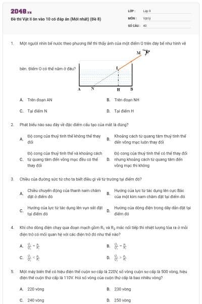 Đề thi Vật lí ôn vào 10 có đáp án (Mới nhất) (Đề 8)