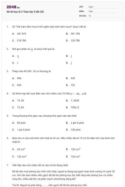 Đề thi học kì 2 Toán lớp 4 (Đề 20)