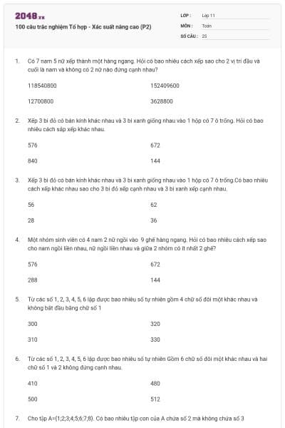 100 câu trắc nghiệm Tổ hợp - Xác suất nâng cao (P2)