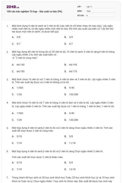 100 câu trắc nghiệm Tổ hợp - Xác suất cơ bản (P6)