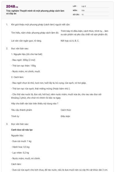 Trắc nghiệm Thuyết minh về một phương pháp cách làm có đáp án