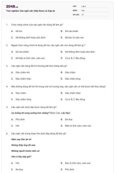 Trắc nghiệm Câu nghi vấn (tiếp theo) có đáp án