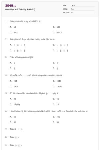 Đề thi học kì 2 Toán lớp 4 (Đề 21)