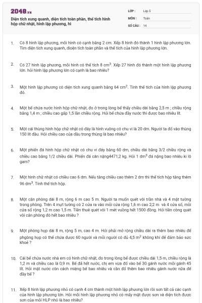 Diện tích xung quanh, diện tích toàn phần, thể tích hình hộp chữ nhật, hình lập phương, hì