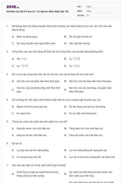 Đề kiểm tra Vật lí 8 học kì 1 có đáp án (Mới nhất) (Đề 10)