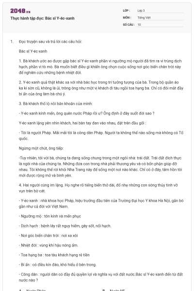 Thực hành tập đọc: Bác sĩ Y-éc-xanh