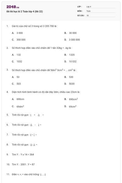 Đề thi học kì 2 Toán lớp 4 (Đề 22)