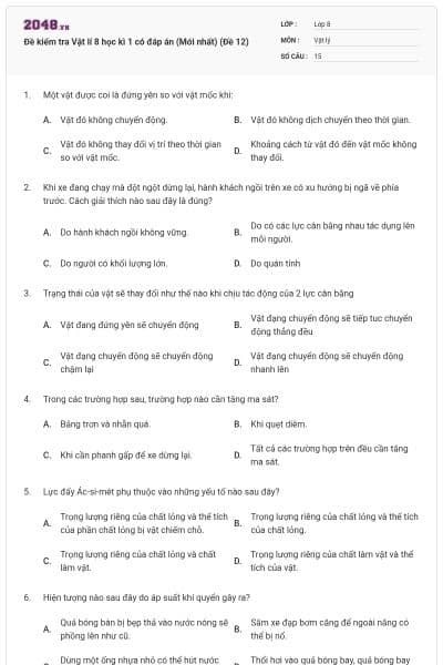 Đề kiểm tra Vật lí 8 học kì 1 có đáp án (Mới nhất) (Đề 12)