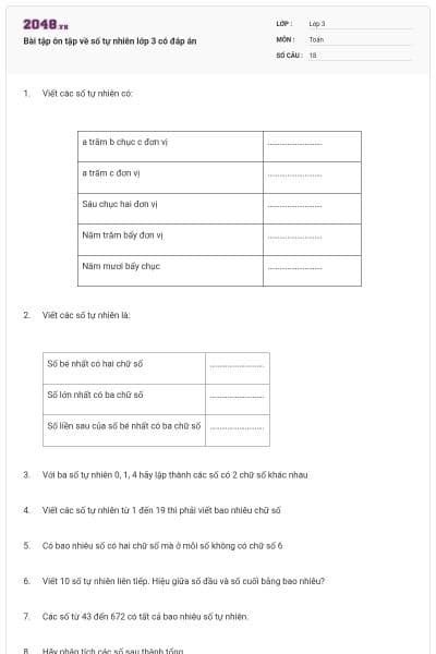 Bài tập ôn tập về số tự nhiên lớp 3 có đáp án