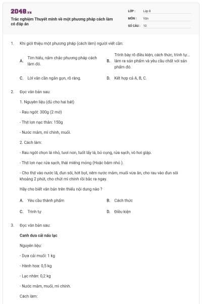 Trắc nghiệm Thuyết minh về một phương pháp cách làm có đáp án