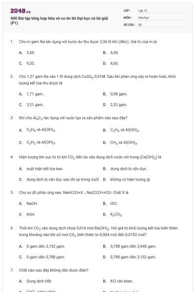 400 Bài tập tổng hợp Hóa vô cơ ôn thi Đại học có lời giải (P1)