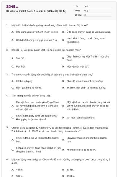 Đề kiểm tra Vật lí 8 học kì 1 có đáp án (Mới nhất) (Đề 14)