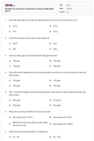 Đề kiểm tra cuối học kì 2 môn Hoá 9 có đáp án (Mới nhất) (Đề 2)