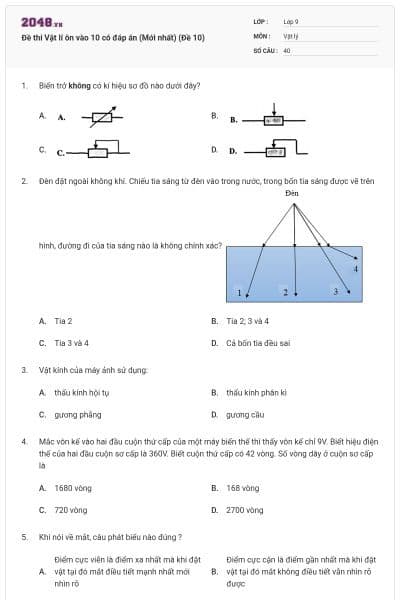 Đề thi Vật lí ôn vào 10 có đáp án (Mới nhất) (Đề 10)