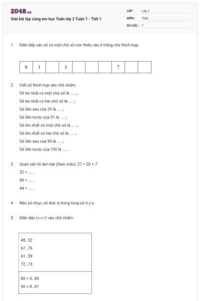 Giải bài tập cùng em học Toán lớp 2 Tuần 1 - Tiết 1