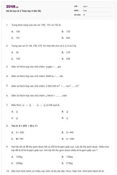Đề thi học kì 2 Toán lớp 4 (Đề 28)