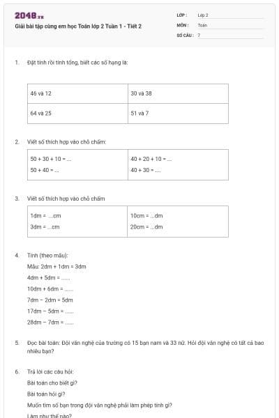 Giải bài tập cùng em học Toán lớp 2 Tuần 1 - Tiết 2