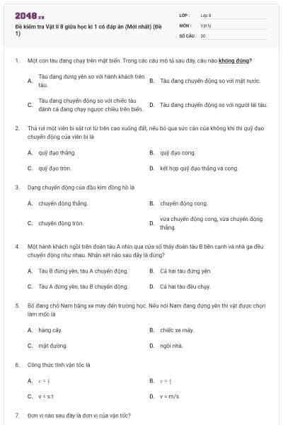 Đề kiểm tra Vật lí 8 giữa học kì 1 có đáp án (Mới nhất) (Đề 1)