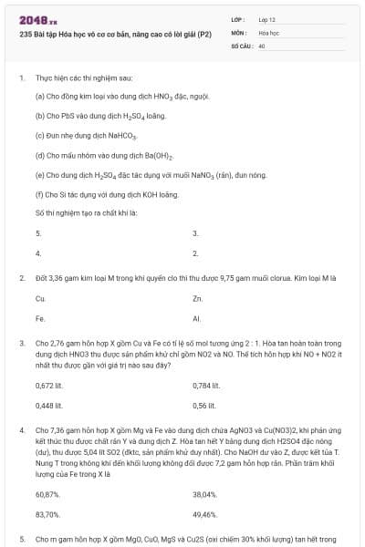 235 Bài tập Hóa học vô cơ cơ bản, nâng cao có lời giải (P2)