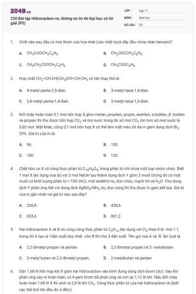 220 Bài tập Hidrocacbon no, không no ôn thi Đại học có lời giải (P5)