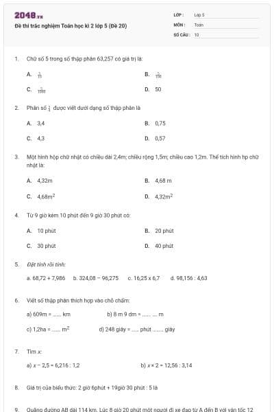 Đề thi trắc nghiệm Toán học kì 2 lớp 5 (Đề 20)