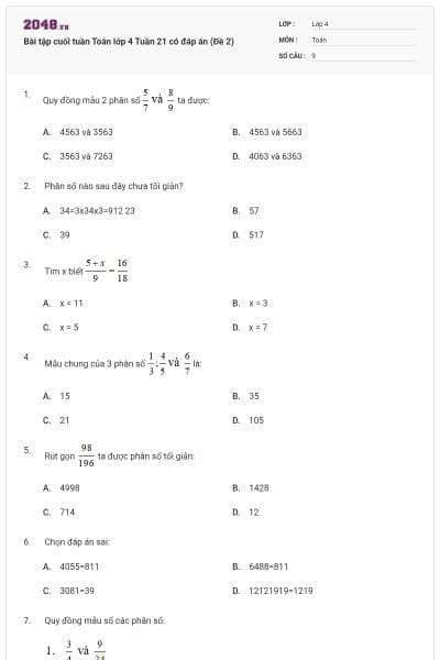 Bài tập cuối tuần Toán lớp 4 Tuần 21 có đáp án (Đề 2)