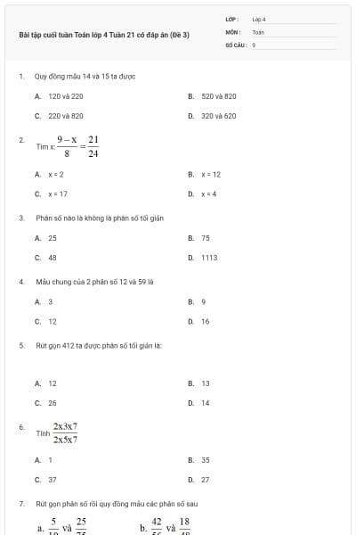 Bài tập cuối tuần Toán lớp 4 Tuần 21 có đáp án (Đề 3)