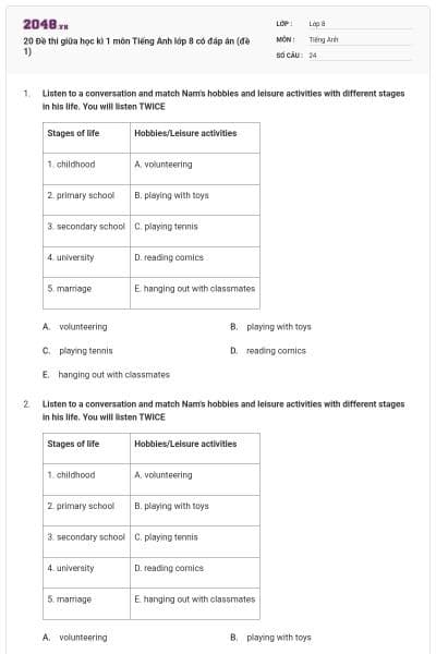 20 Đề thi giữa học kì 1 môn Tiếng Anh lớp 8 có đáp án (đề 1)