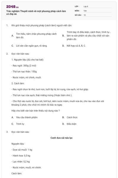 Trắc nghiệm Thuyết minh về một phương pháp cách làm có đáp án