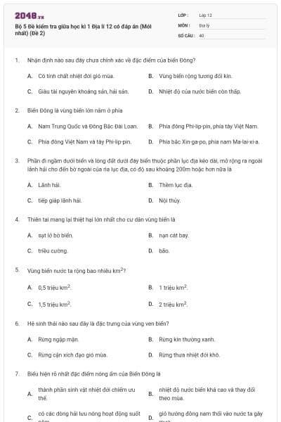 Bộ 5  Đề kiểm tra giữa học kì 1 Địa lí 12 có đáp án (Mới nhất) (Đề 2)