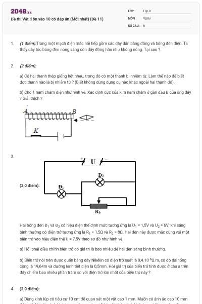 Đề thi Vật lí ôn vào 10 có đáp án (Mới nhất) (Đề 11)